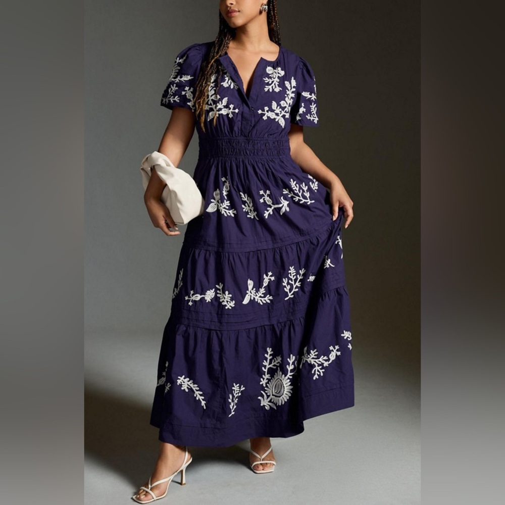 Anthropologie Navy Floral Embroidered Maxi Dress